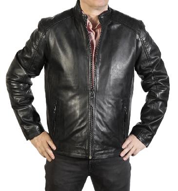 Black Leather Easy Fit Biker Jacket - SL100232